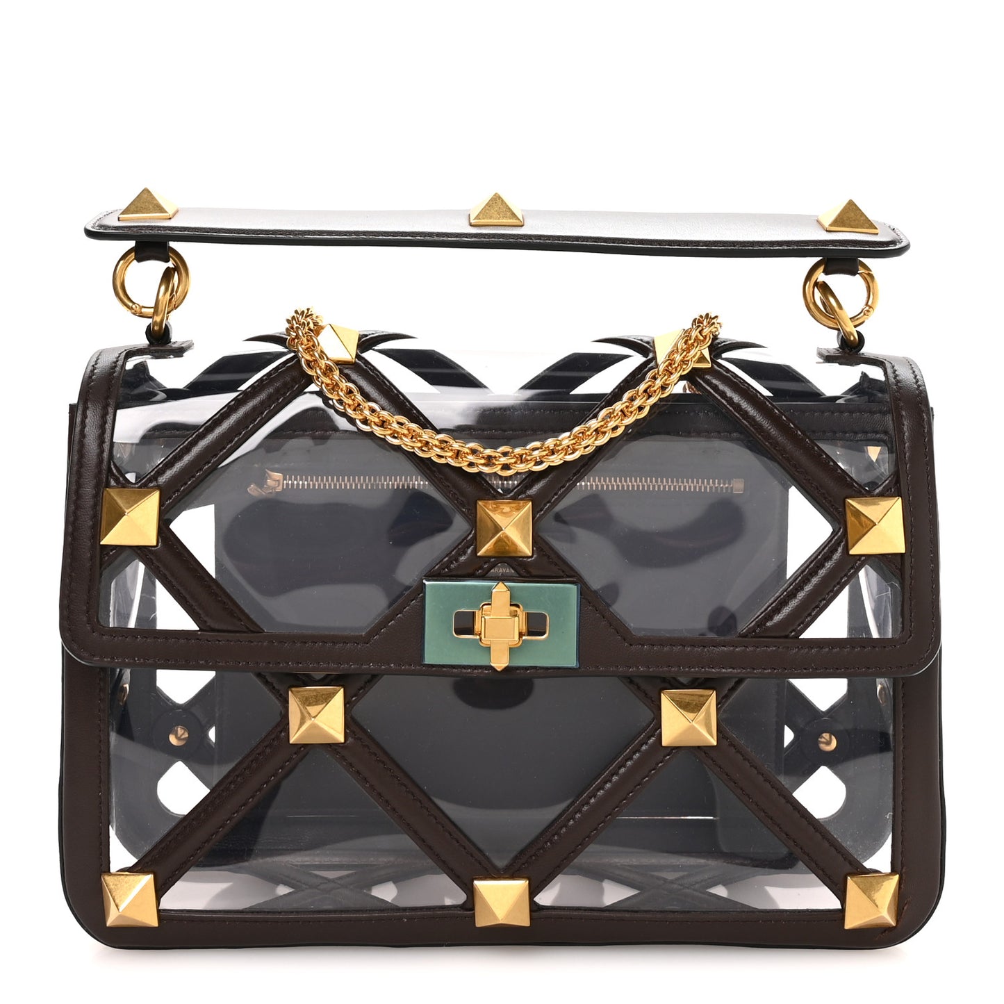 PVC Calfskin Large Roman Stud Shoulder Bag Transparent Dark Brown