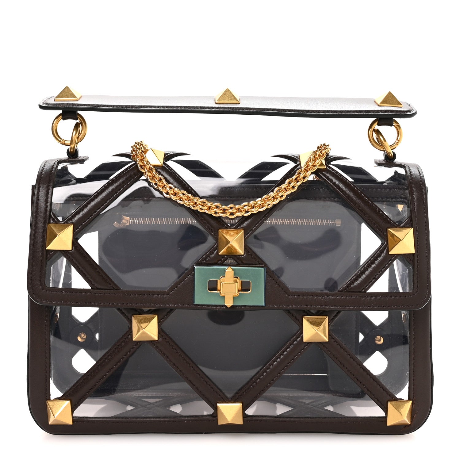 Valentino Garavani PVC Calfskin Large Roman Stud Shoulder Bag Transparent Dark Brown 1 of 9