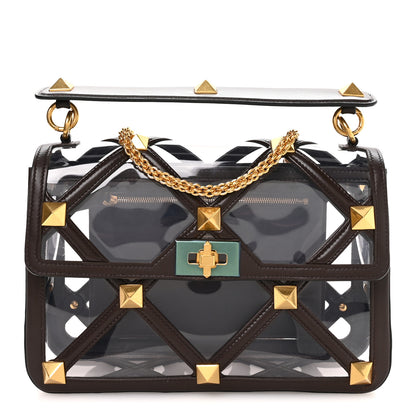 Valentino Garavani PVC Calfskin Large Roman Stud Shoulder Bag Transparent Dark Brown 1 of 9