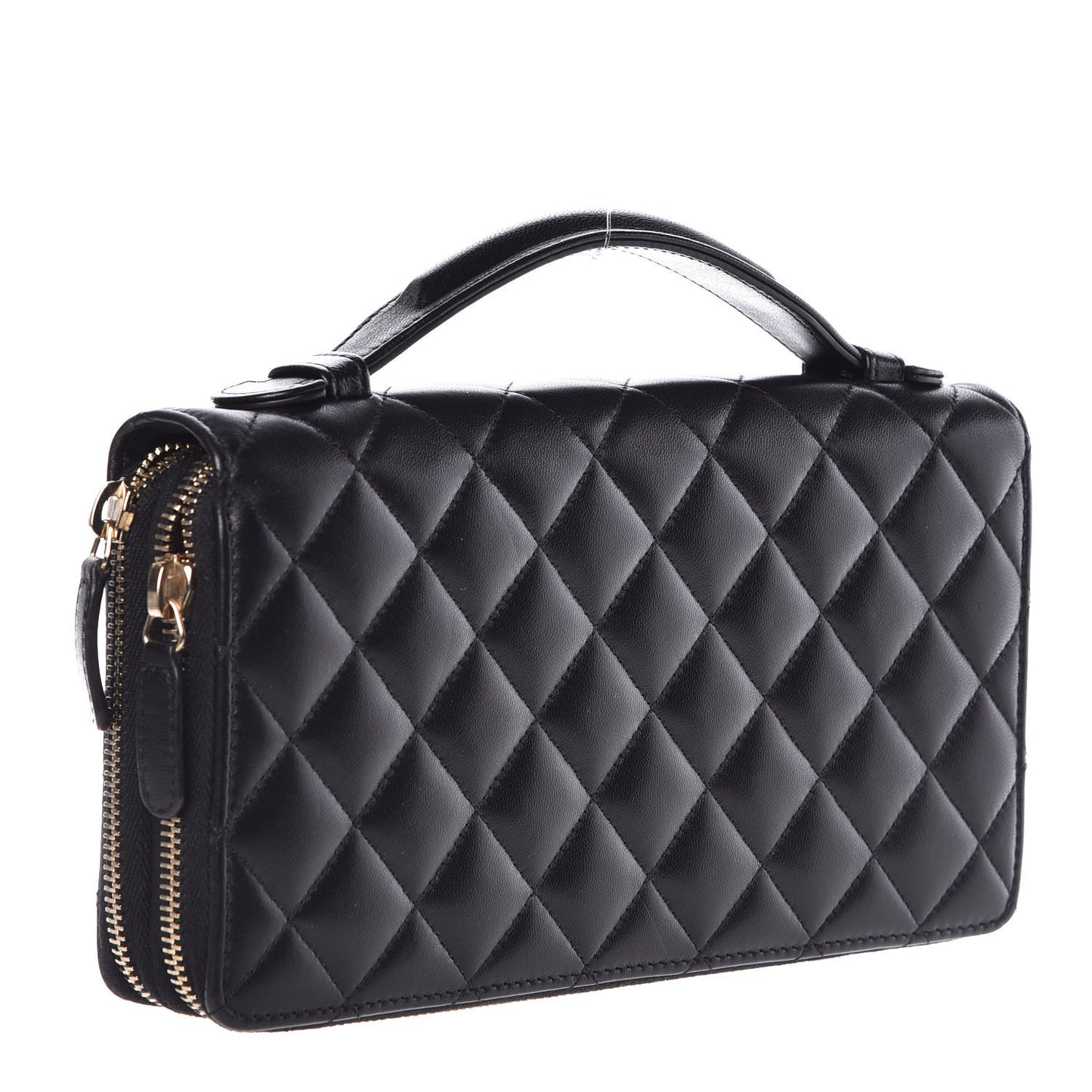 Lambskin Quilted Large Double Zip Around Organizer Wallet Black
