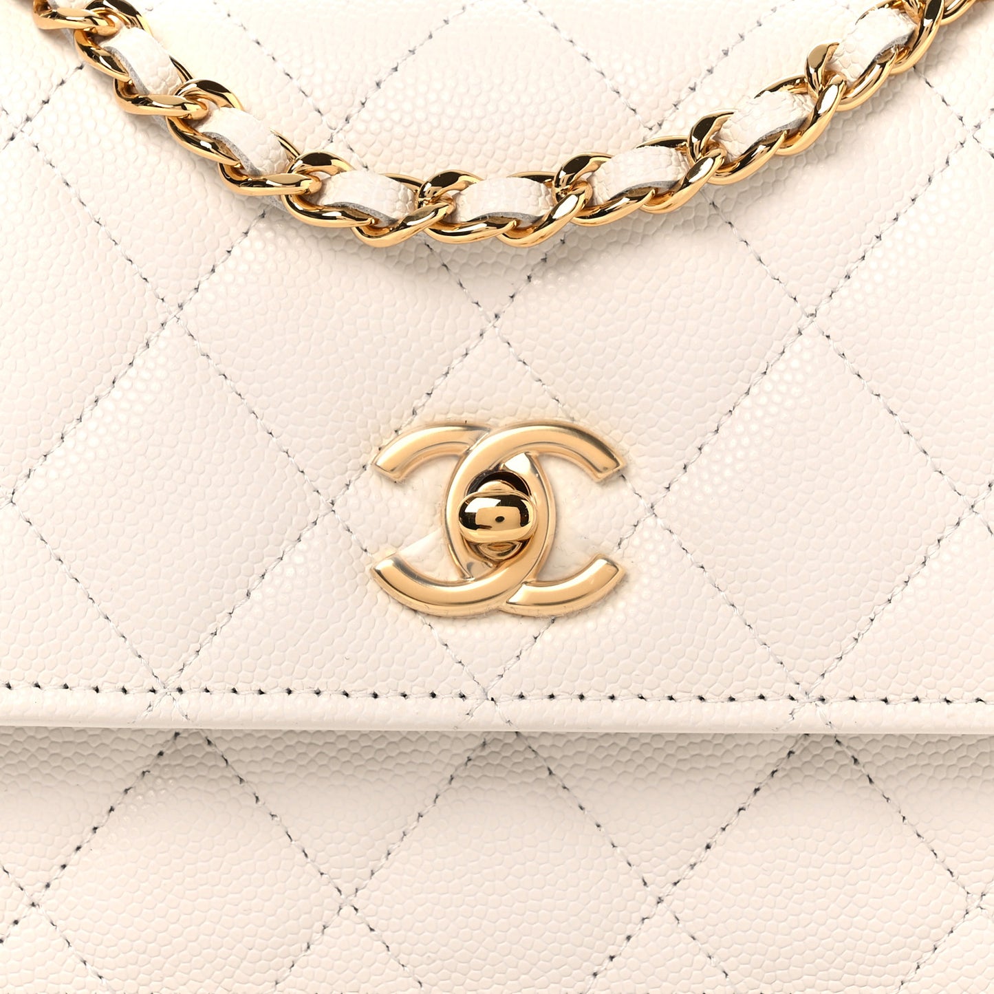 Shiny Caviar Quilted Flap Charm Wallet On Chain WOC White