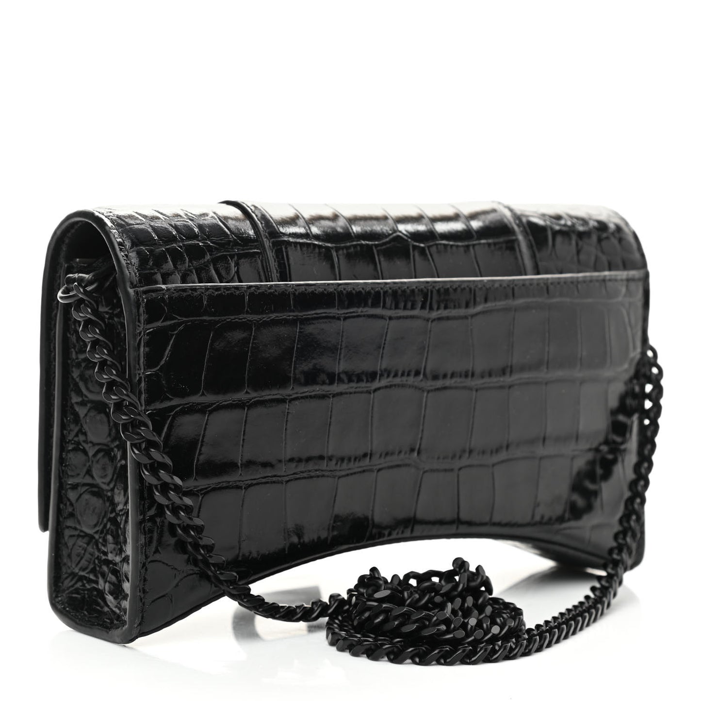 Shiny Calfskin Monochrome Crocodile Embossed Hourglass Chain Bag Black