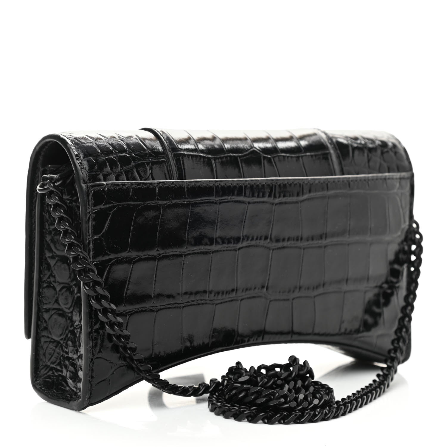 Balenciaga Shiny Calfskin Monochrome Crocodile Embossed Hourglass Chain Bag Black 3 of 9