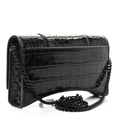 Balenciaga Shiny Calfskin Monochrome Crocodile Embossed Hourglass Chain Bag Black 3 of 9