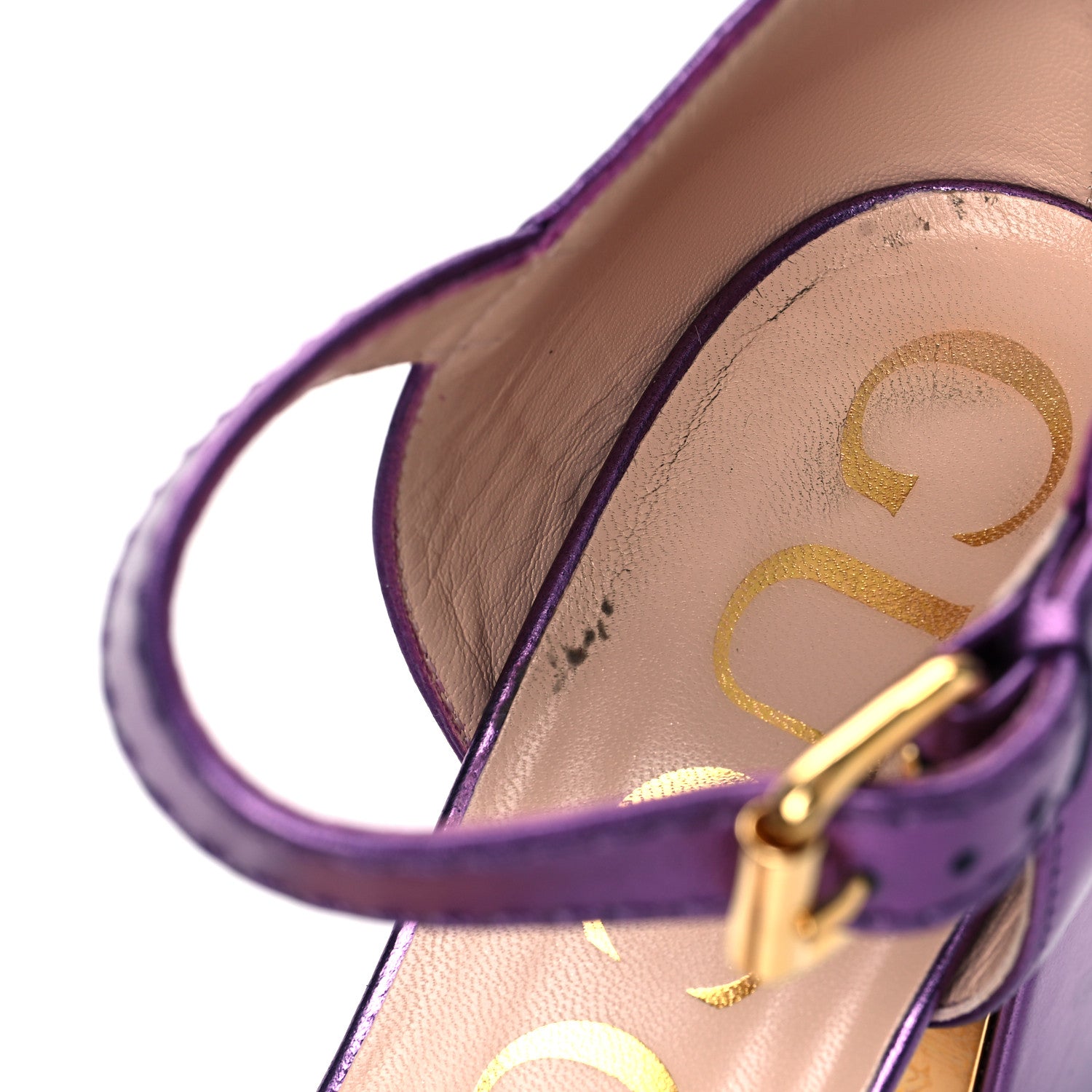 Gucci Metallic Nappa Horsebit Cross Strap 95mm Sandals 37.5 Violet 12 of 16