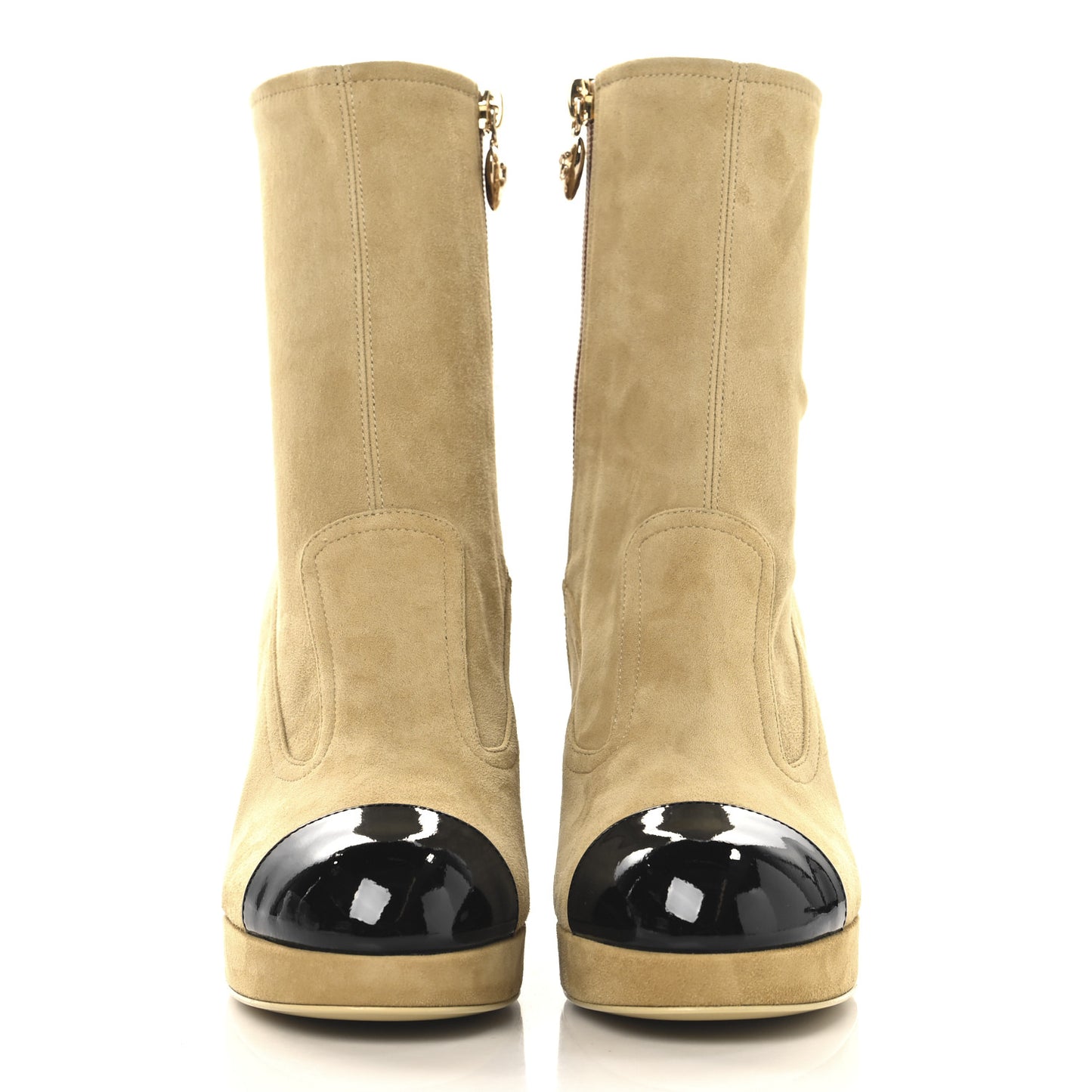 Suede Patent Calfskin Cap Toe Shorts Boots 37 Beige Black