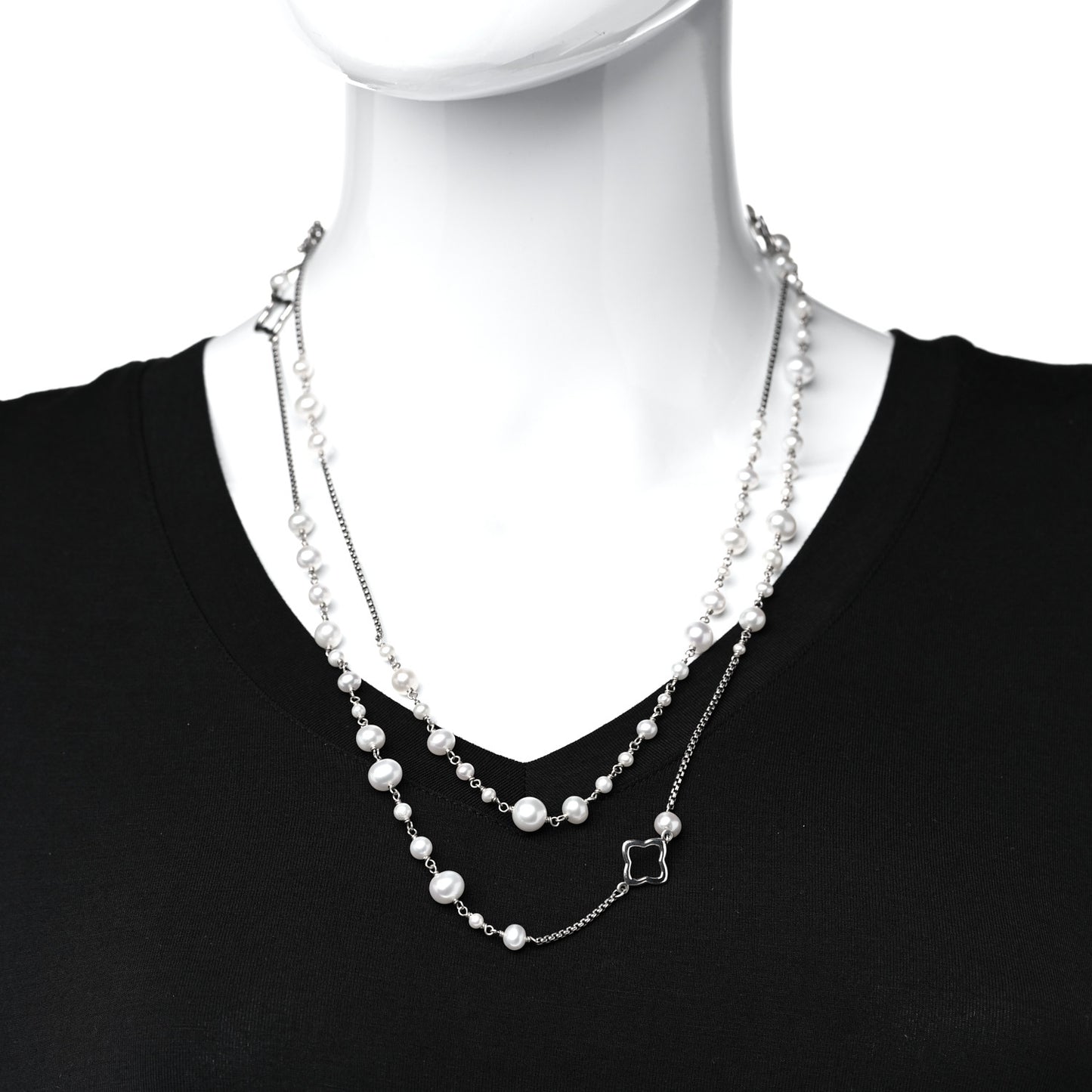 Sterling Silver Pearl Quatrefoil Long Chain Necklace