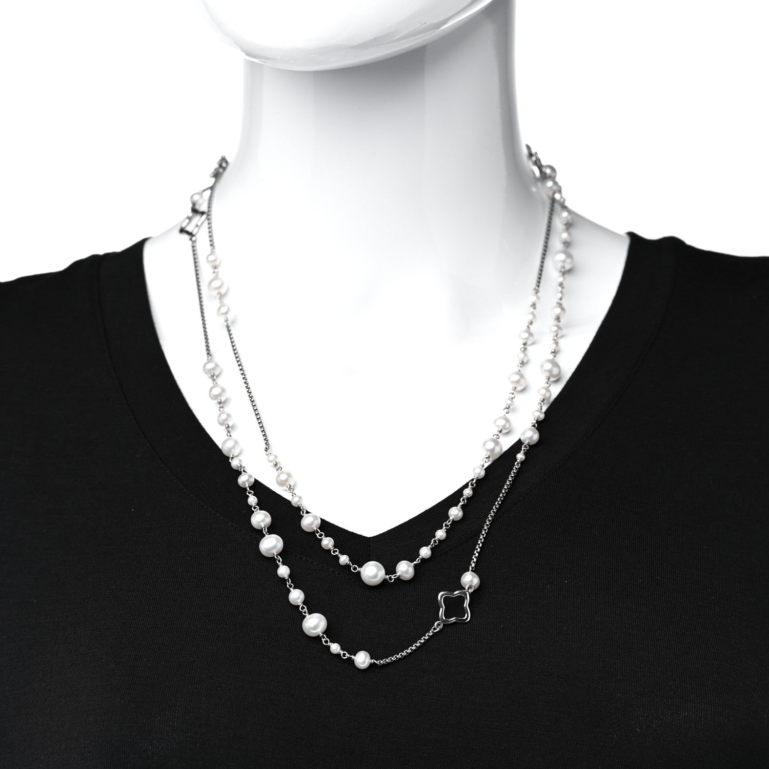 David Yurman Sterling Silver Pearl Quatrefoil Long Chain Necklace 2 of 5
