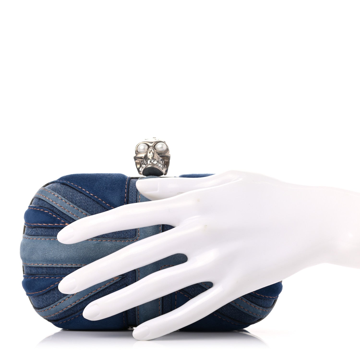 Alexander McQueen Suede Denim Britannia Skull Box Clutch Blue 2 of 7