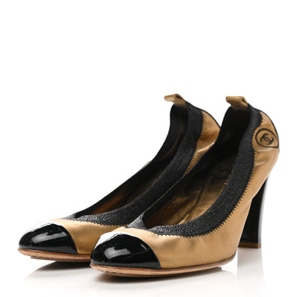 Chanel Metallic Lambskin Patent CC Elastic Stretch Pumps 41 Gold Black 3 of 9