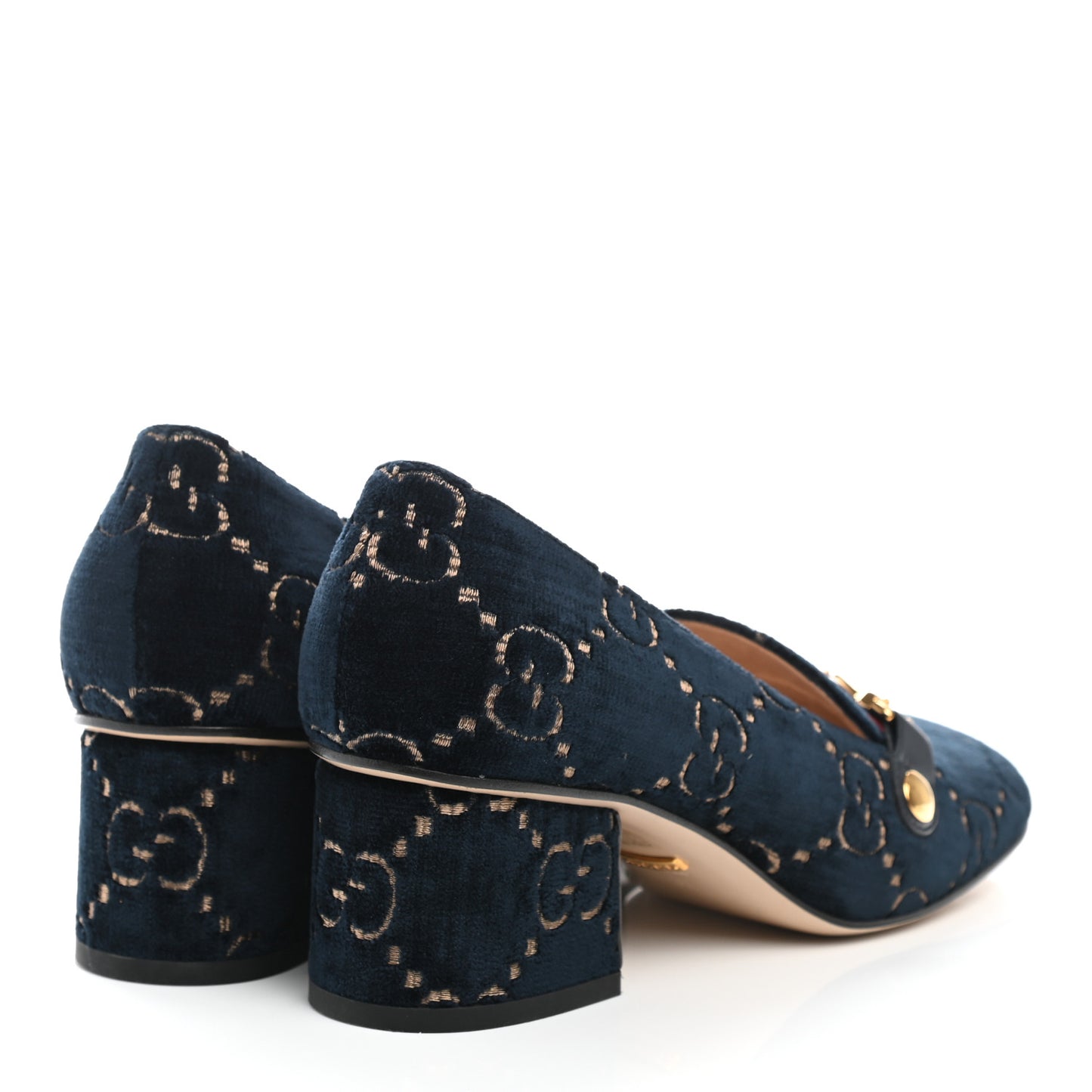 Velvet GG Monogram Sylvie Web Chain Mid Heel Loafers 37 Blue Beige