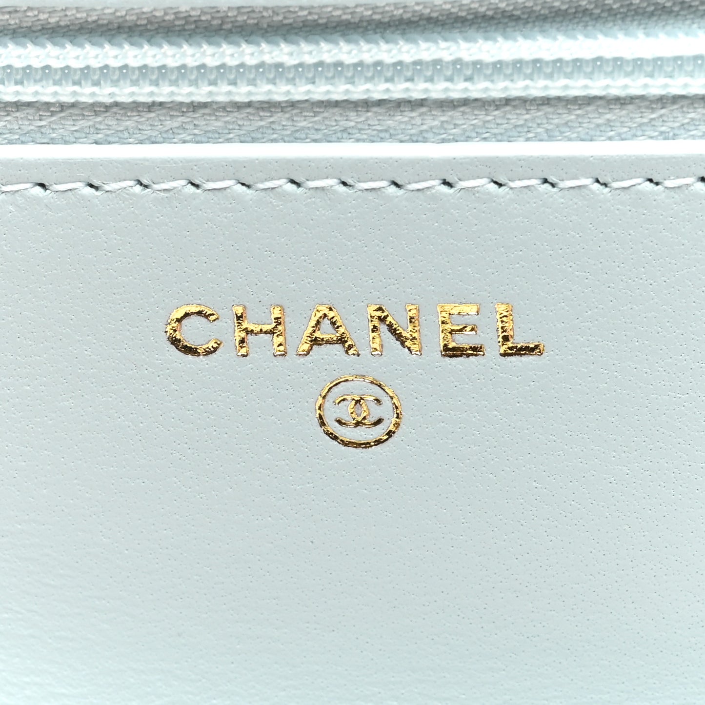 Lambskin Quilted Pearl CC Wallet on Chain WOC Light Blue