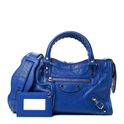 Balenciaga Agneau Classic Silver Hardware Mini City Logo Strap Bleu Electric Black 1 of 9