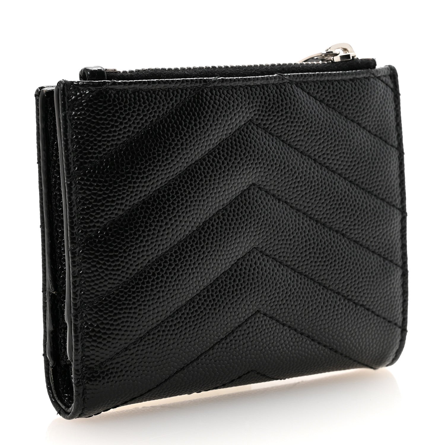 Saint Laurent Grain De Poudre Matelasse Chevron Monogram Zipped Card Case Black 3 of 8