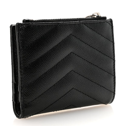 Saint Laurent Grain De Poudre Matelasse Chevron Monogram Zipped Card Case Black 3 of 8