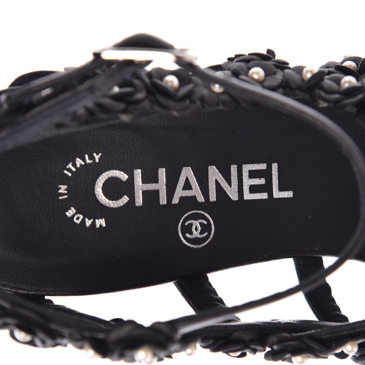 Lambskin Pearl Camellia Sandals 38.5 Dark Navy Blue