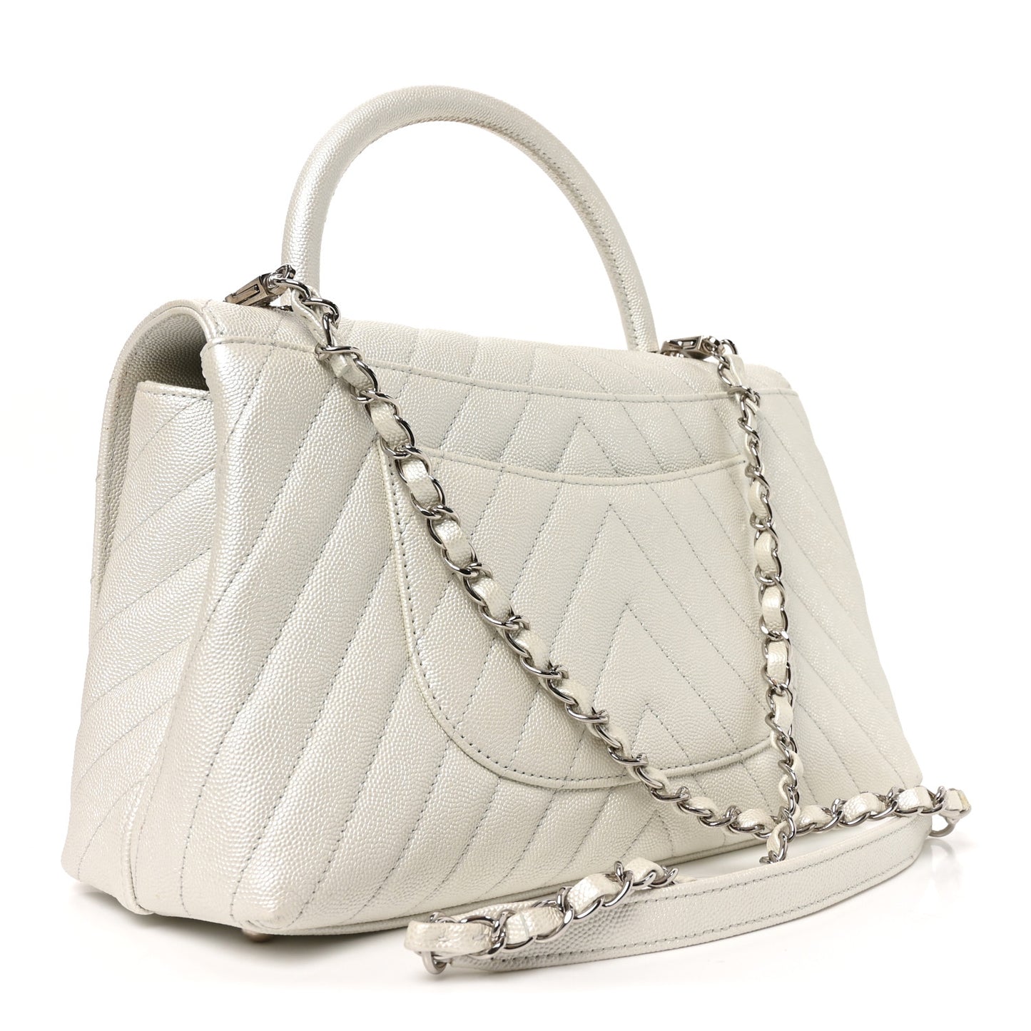 Iridescent Caviar Chevron Quilted Small Coco Handle Flap White