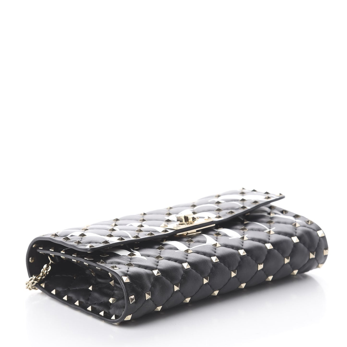 Lambskin VLTN Print Rockstud Spike Wallet On Chain Black