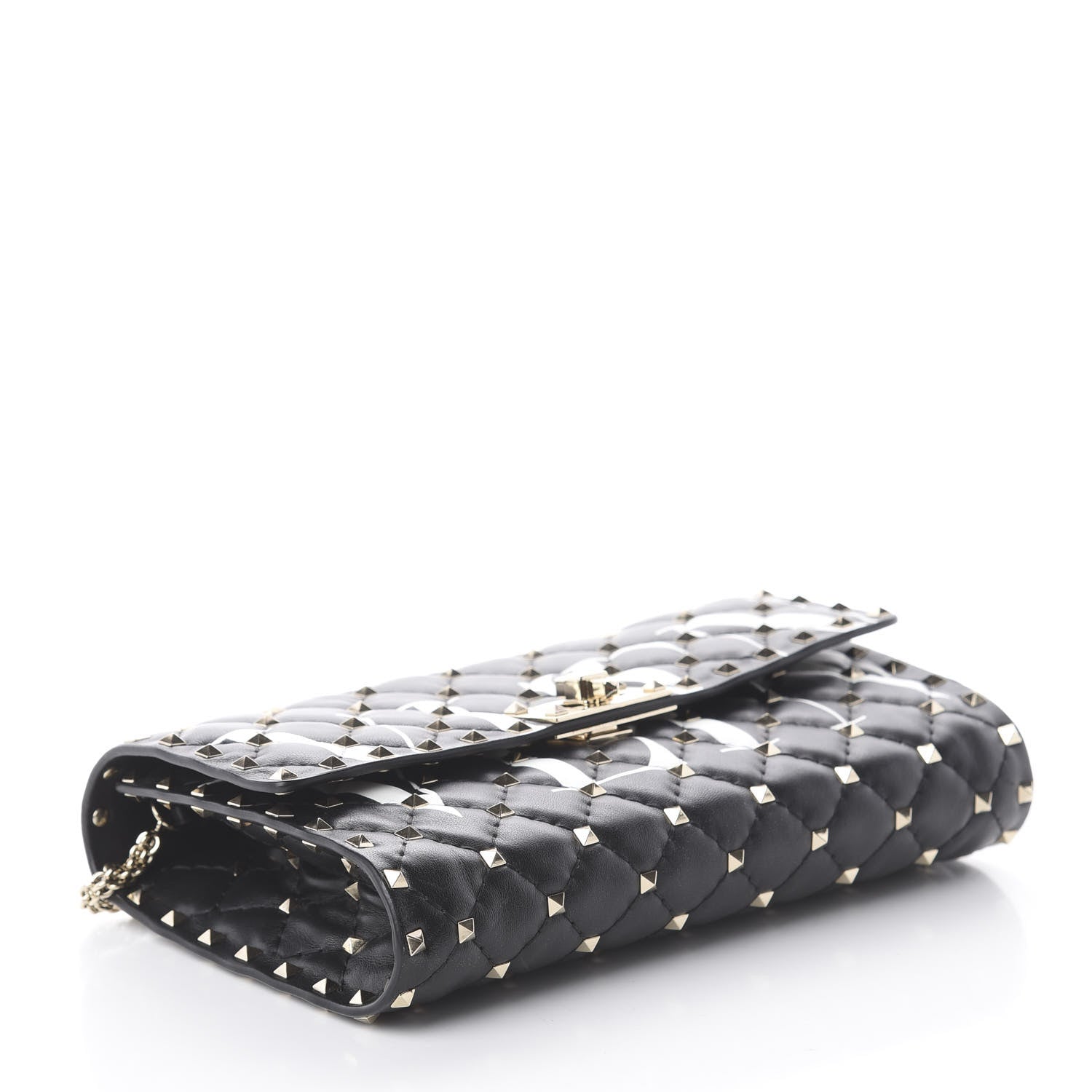 Valentino Garavani Lambskin VLTN Print Rockstud Spike Wallet On Chain Black 3 of 8