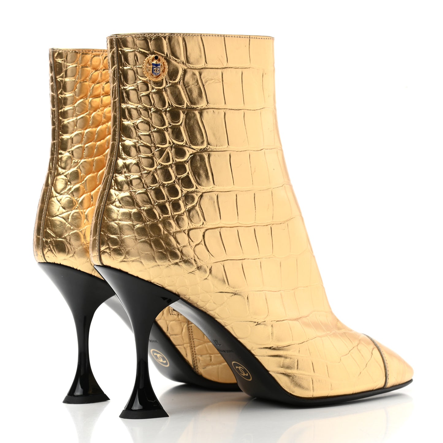 Calfskin Crocodile Embossed Cap Toe Ankle Boots 37 Gold