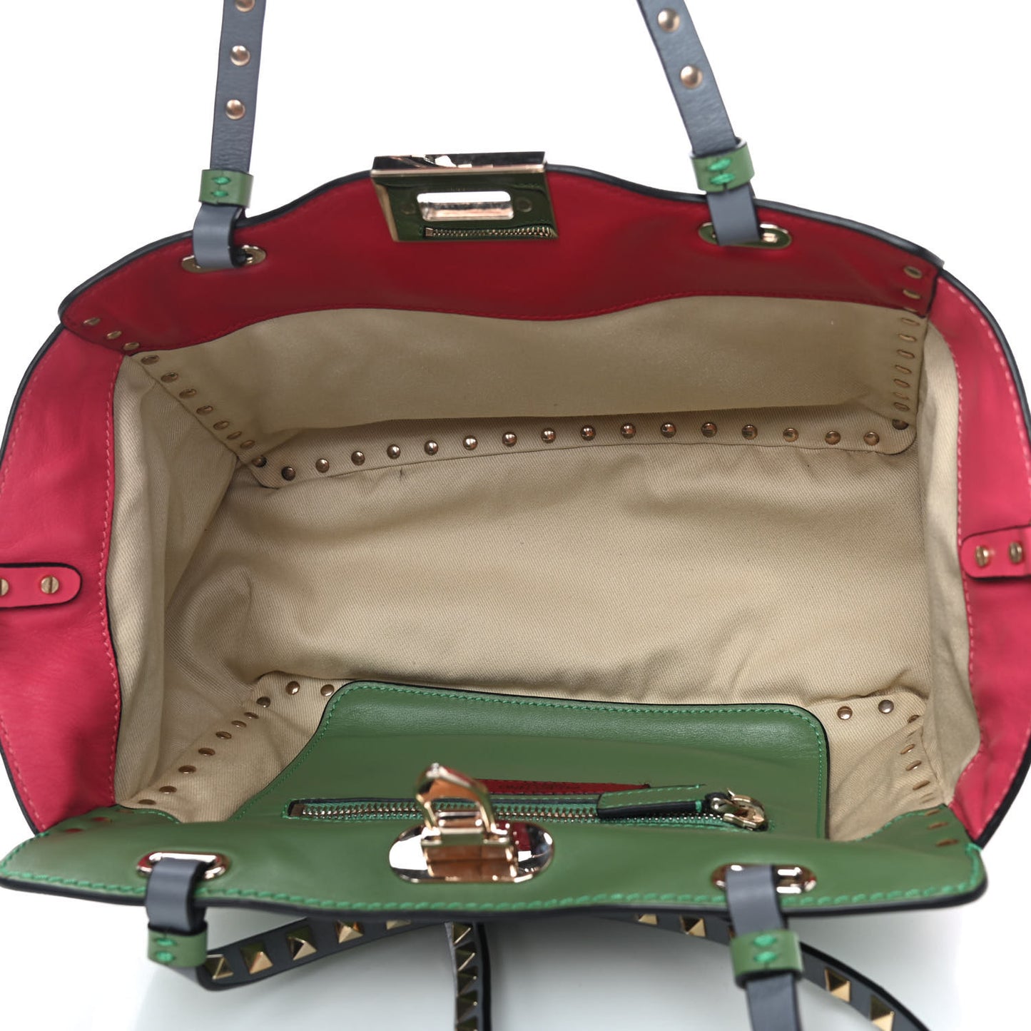 Vitello Colorblock Small Rockstud Tote Deep Rose Clover Grey Scarlet