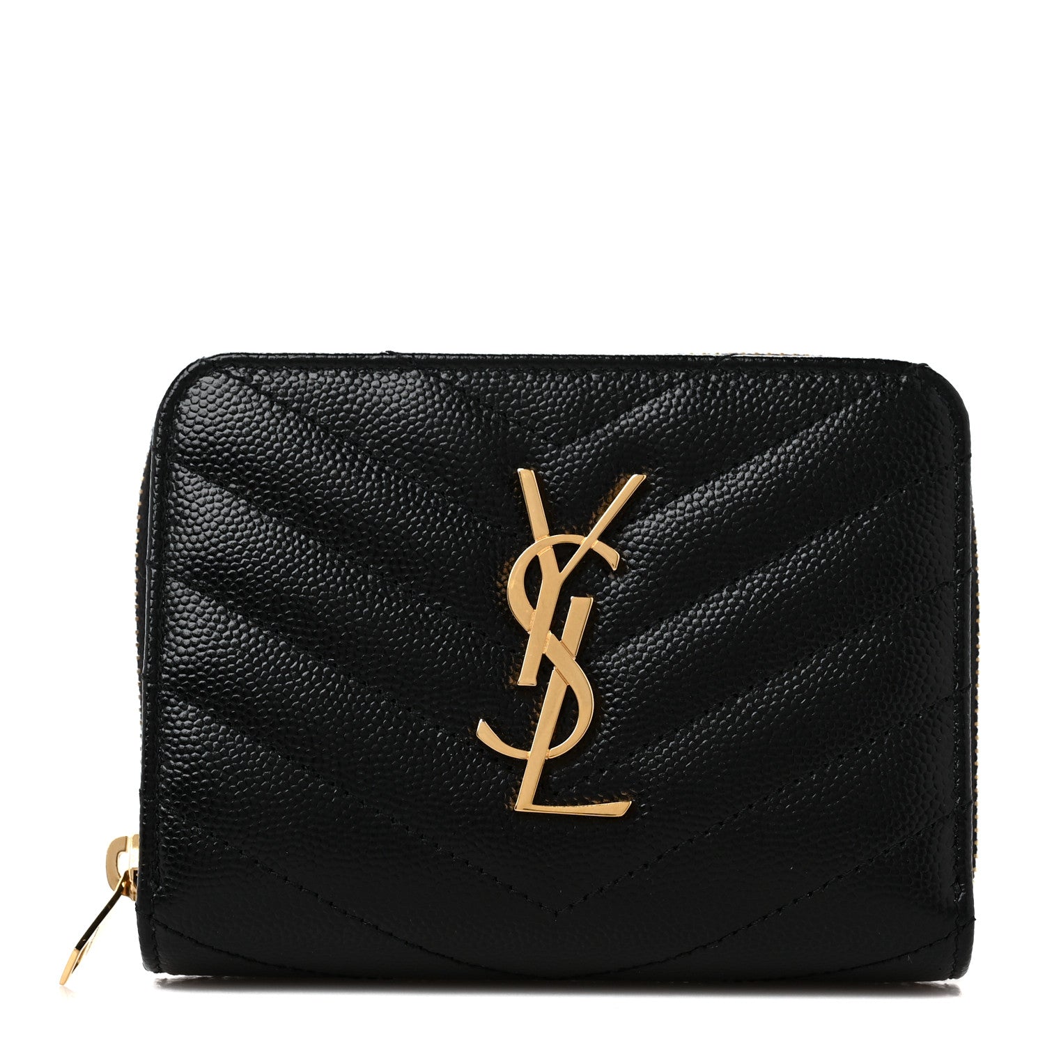 Saint Laurent Grain De Poudre Matelasse Chevron Monogram Compact Zip Around Wallet Black 1 of 9