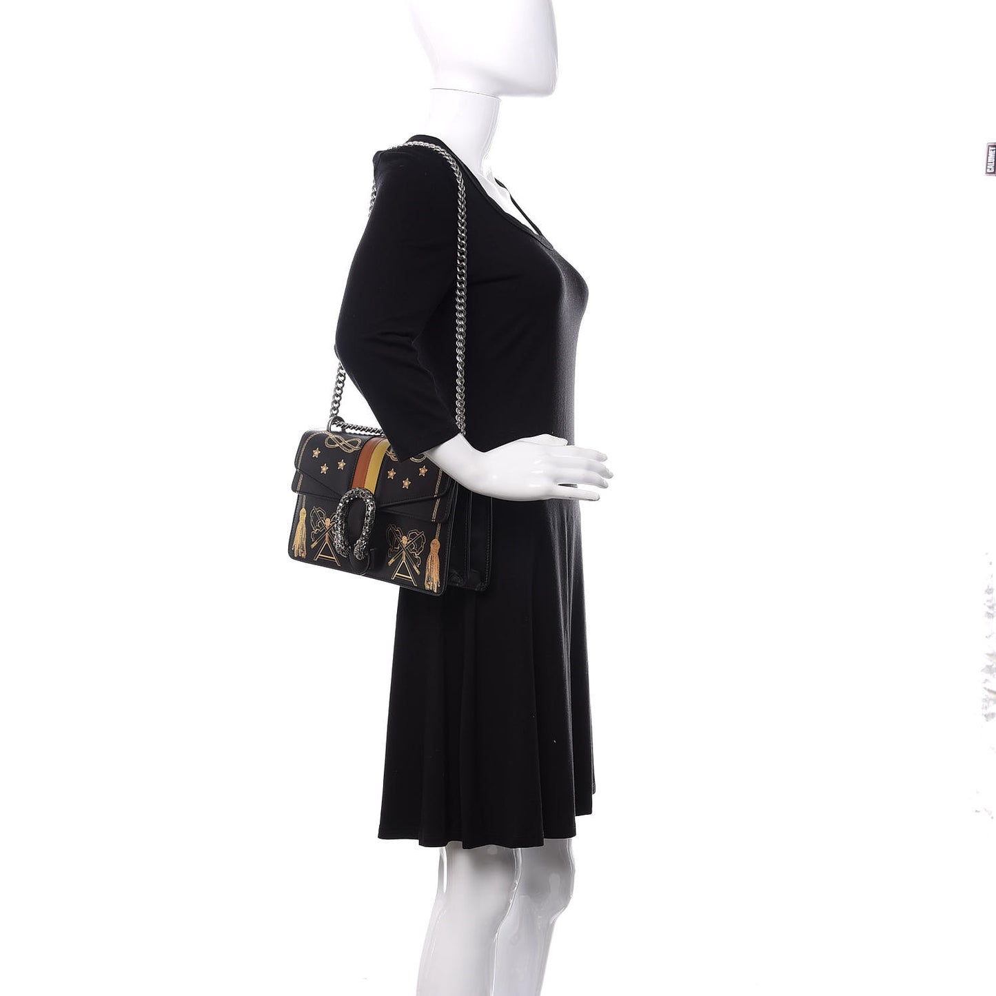 Calfskin Crystal Star Tassel Print Small Dionysus Shoulder Bag Black