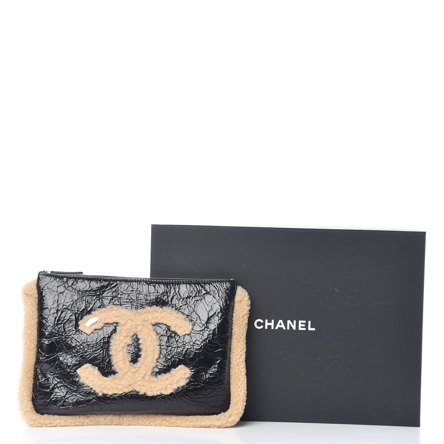 Shiny Crumpled Sheepskin Shearling Medium Cosmetic Case Black Beige