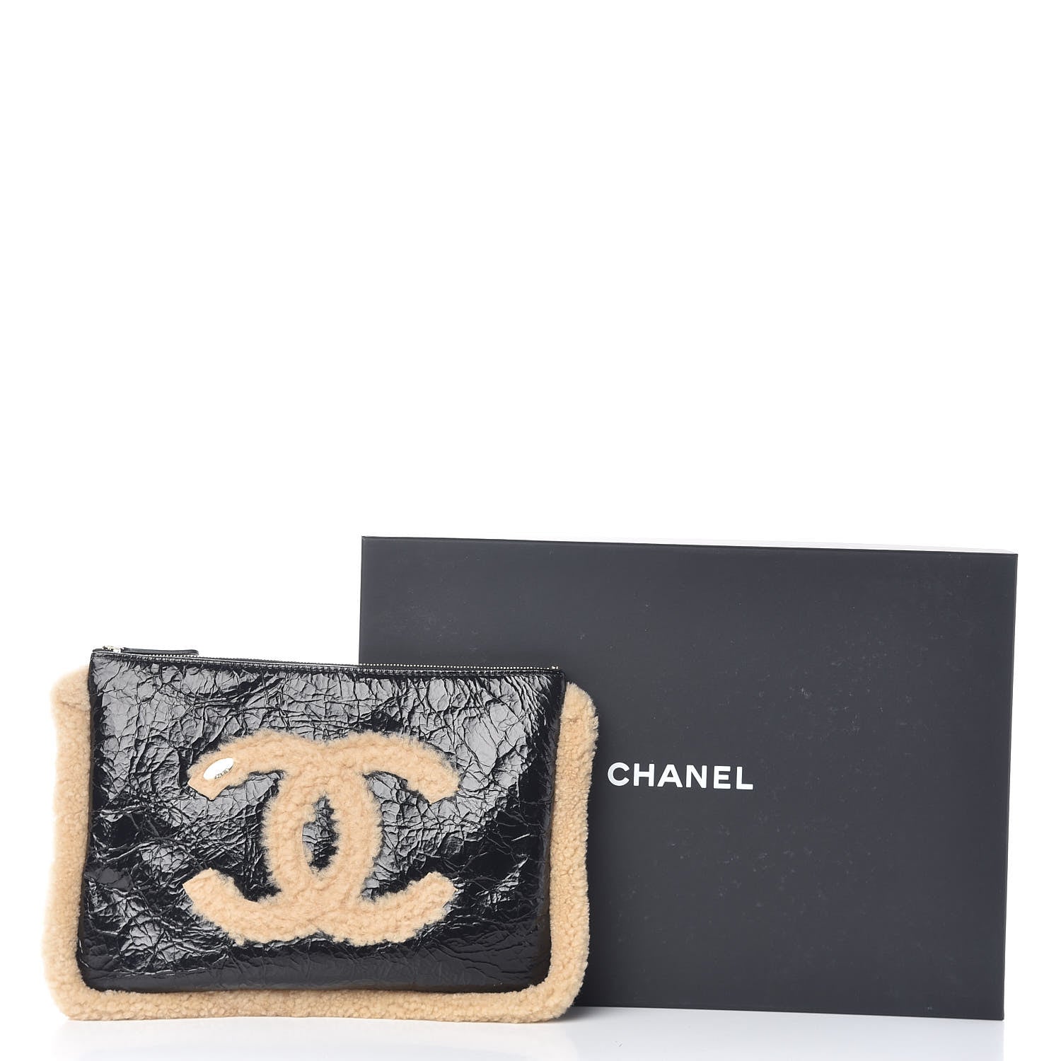 Chanel Shiny Crumpled Sheepskin Shearling Medium Cosmetic Case Black Beige 9 of 9