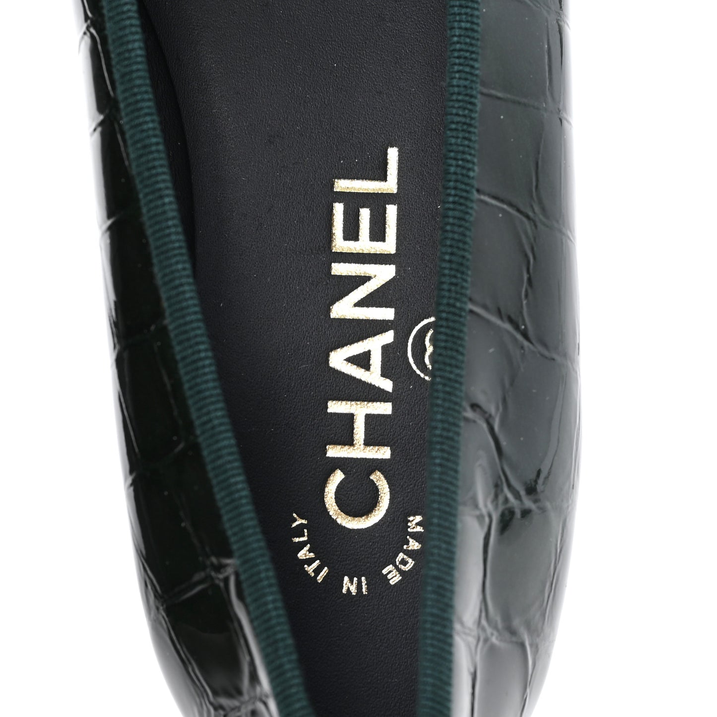 Crocodile Embossed Patent Calfskin Ballet Flats 36.5 Dark Green Black