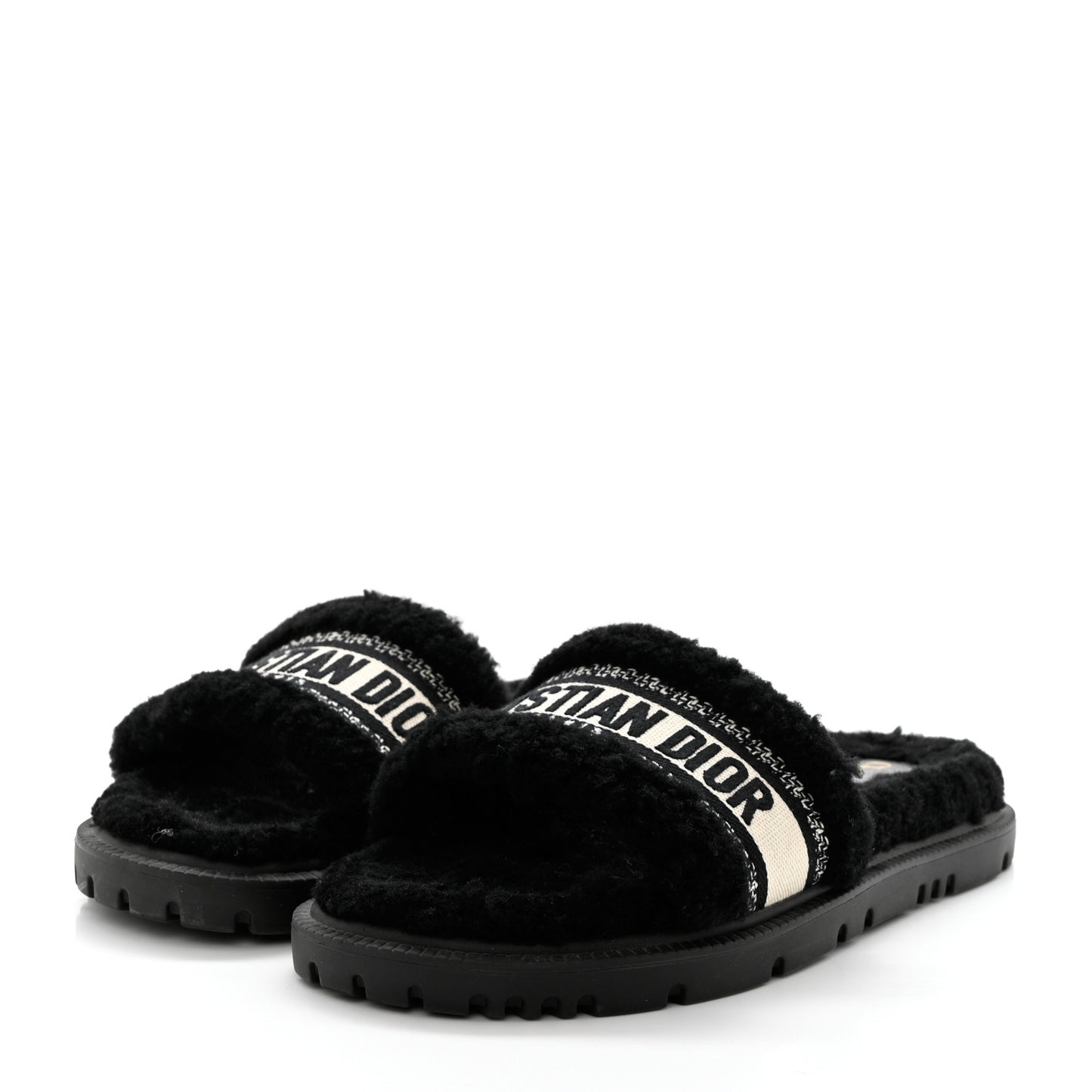Shearling Canvas Lurex Embroidered Dway 10mm Slide Sandals 40 Black Natural