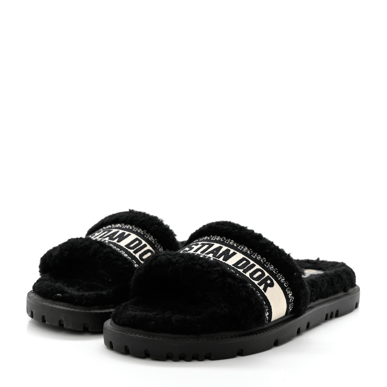 Christian Dior Shearling Canvas Lurex Embroidered Dway 10mm Slide Sandals 40 Black Natural 3 of 10