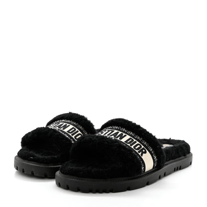 Christian Dior Shearling Canvas Lurex Embroidered Dway 10mm Slide Sandals 40 Black Natural 3 of 10