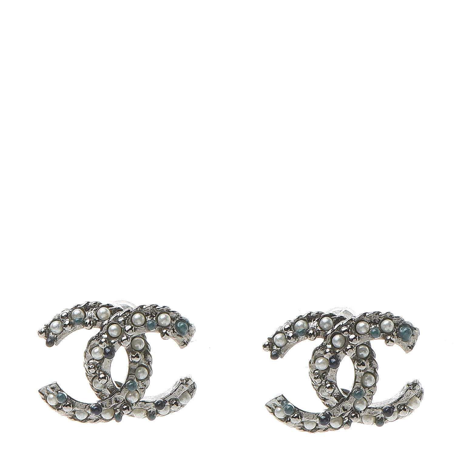 Chanel Pearl Resin Bead CC Earrings Silver Marine 1 of 6