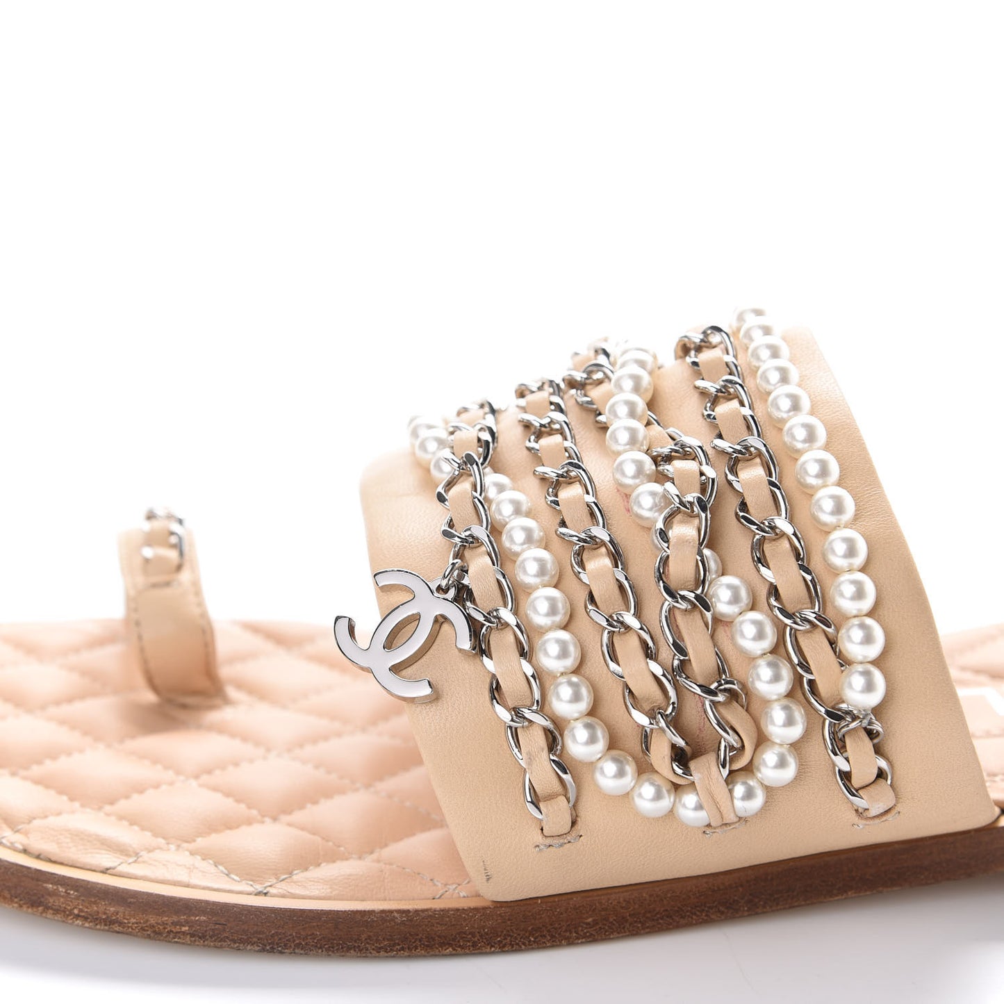 Lambskin Pearl Chain Flat Sandals 41 Beige