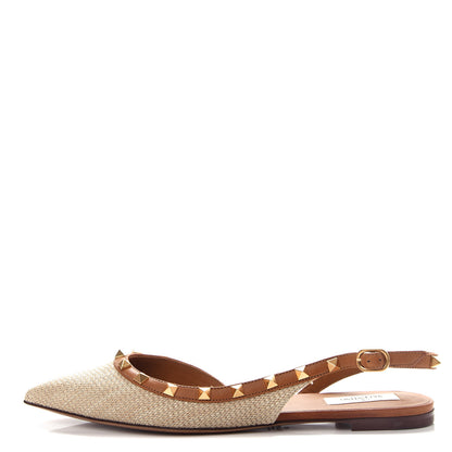 Valentino Garavani Raffia Calfskin Rockstud Slingback Flats 40 Naturale 1 of 12