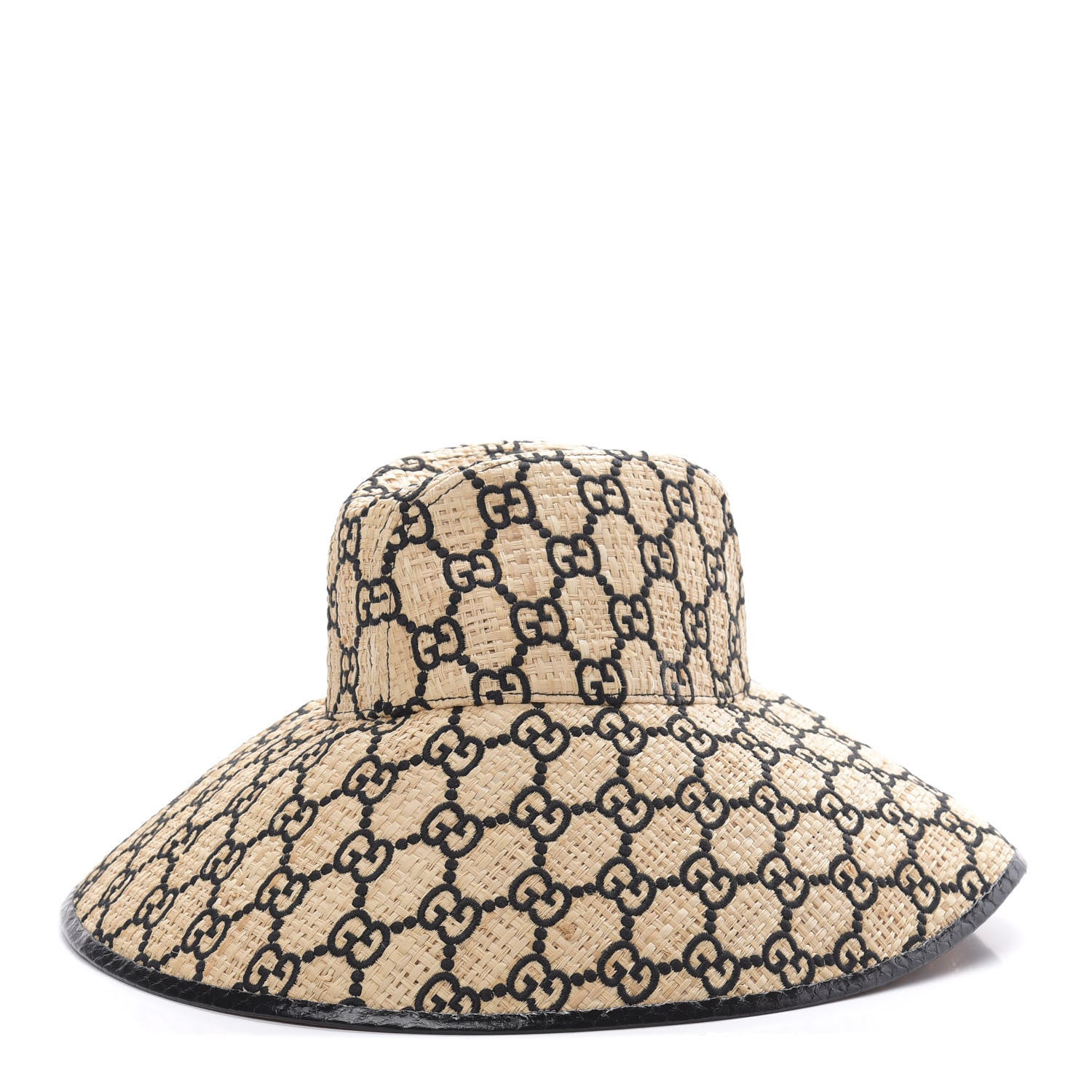 Gucci Raffia Elaphe GG Monogram Embroidered Wide Brim Hat Ivory Black 1 of 8