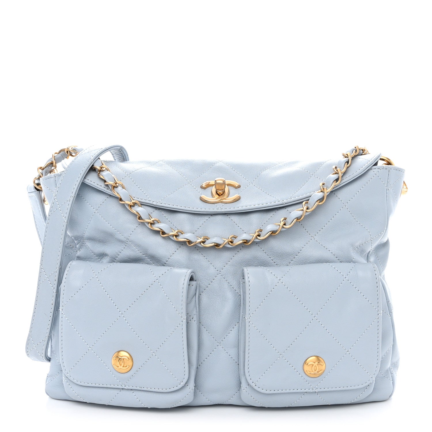 Chanel Shiny Calfskin Quilted Large Supple Twins Hobo Bag Light Grey 1 of 11