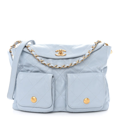 Chanel Shiny Calfskin Quilted Large Supple Twins Hobo Bag Light Grey 1 of 11