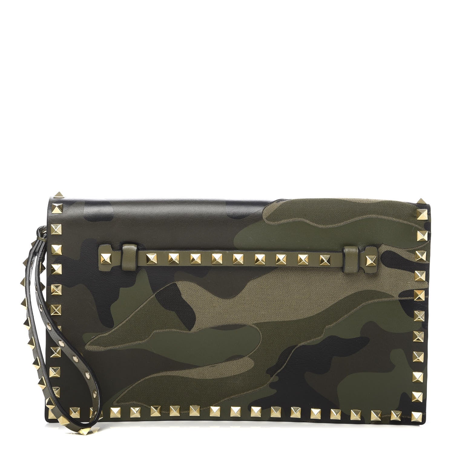 Valentino Garavani Nappa Canvas Camouflage Rockstud Wristlet Clutch Army Green 1 of 8