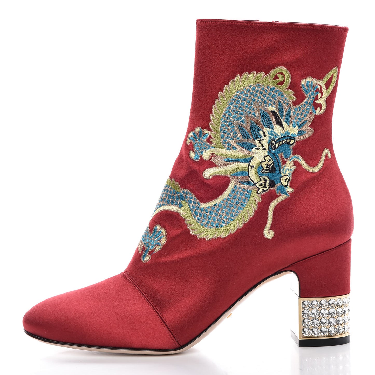 Silk Satin Malaga Kid Embroidered Candy Dragon Block-Heel Ankle Boot 38.5 Hibiscus Red
