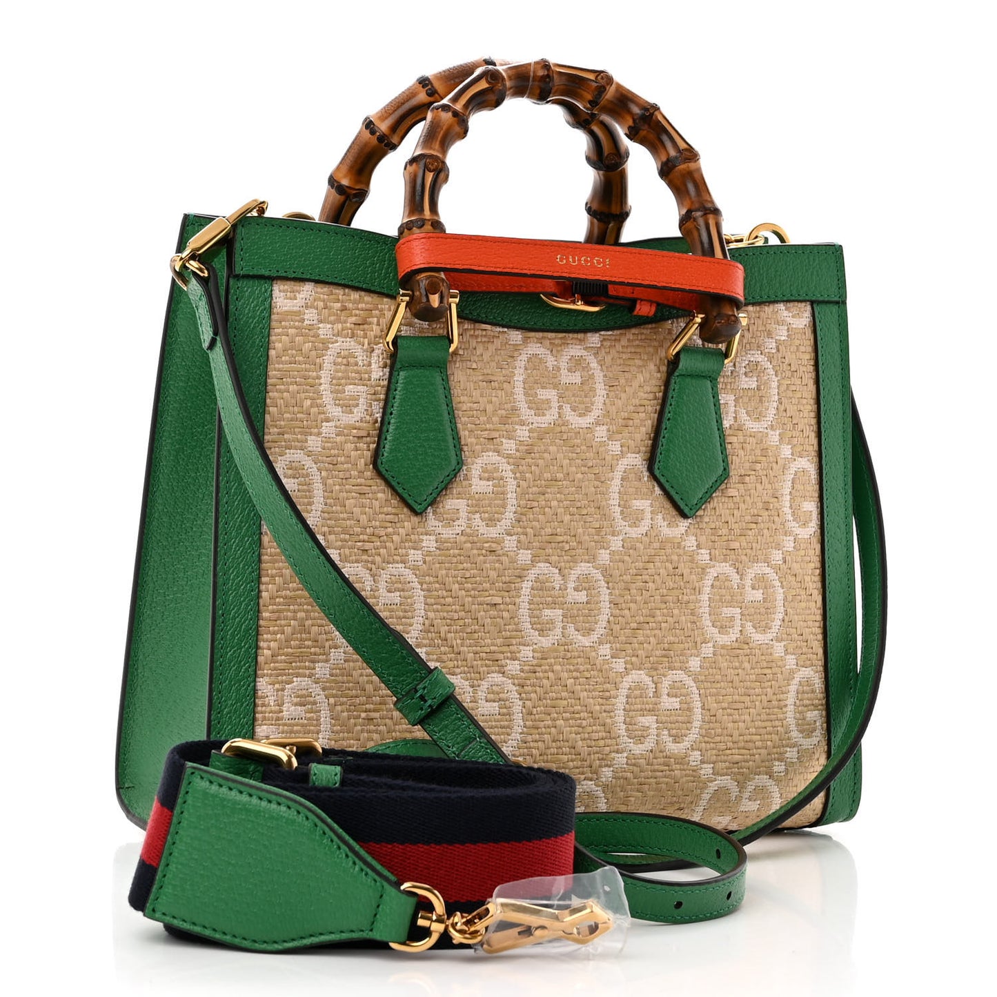 Raffia Textured Dollar Calfskin Web GG Monogram Small Diana Tote Bag Natural White New Shamarock Deep Orange