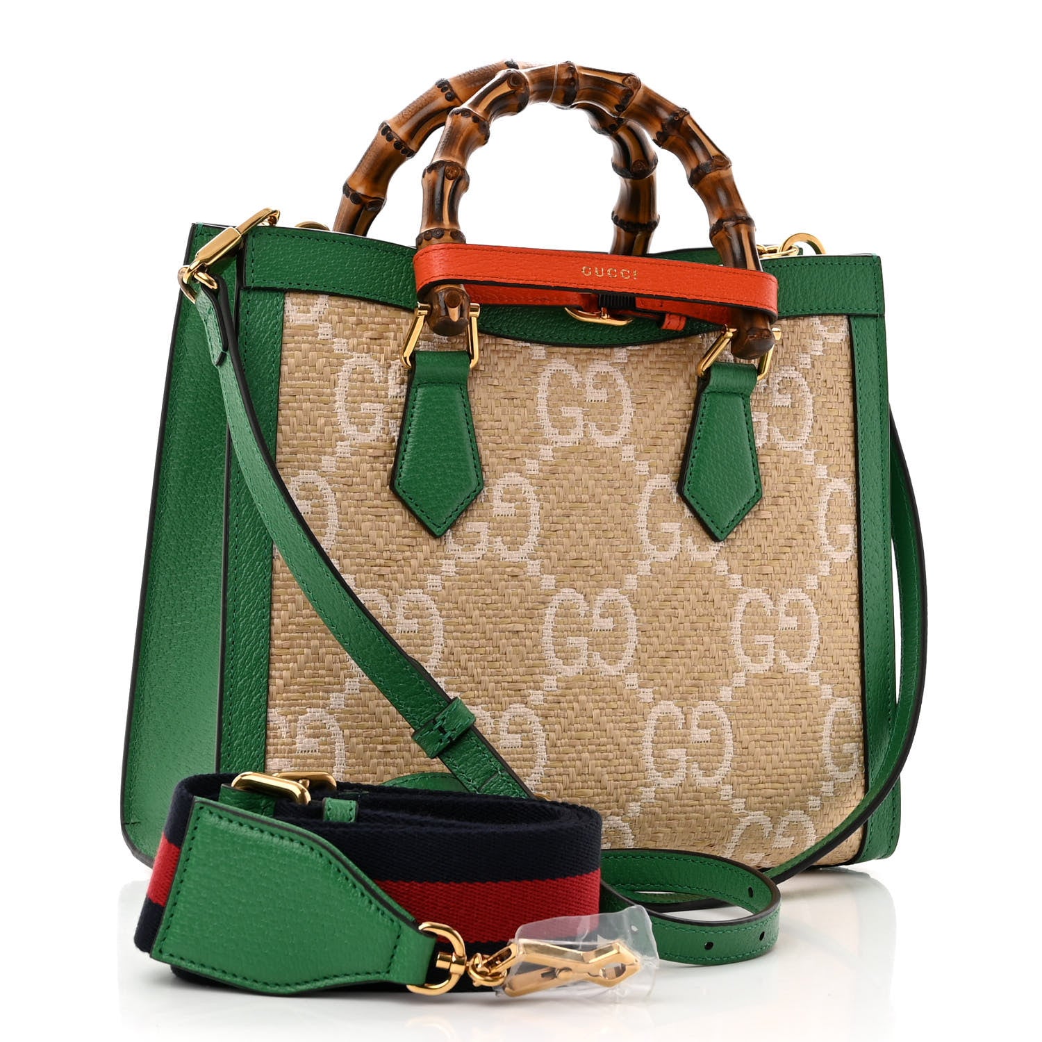 Gucci Raffia Textured Dollar Calfskin Web GG Monogram Small Diana Tote Bag Natural White New Shamarock Deep Orange 3 of 10