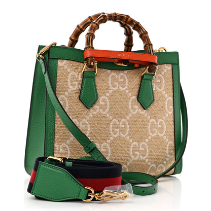 Gucci Raffia Textured Dollar Calfskin Web GG Monogram Small Diana Tote Bag Natural White New Shamarock Deep Orange 3 of 10