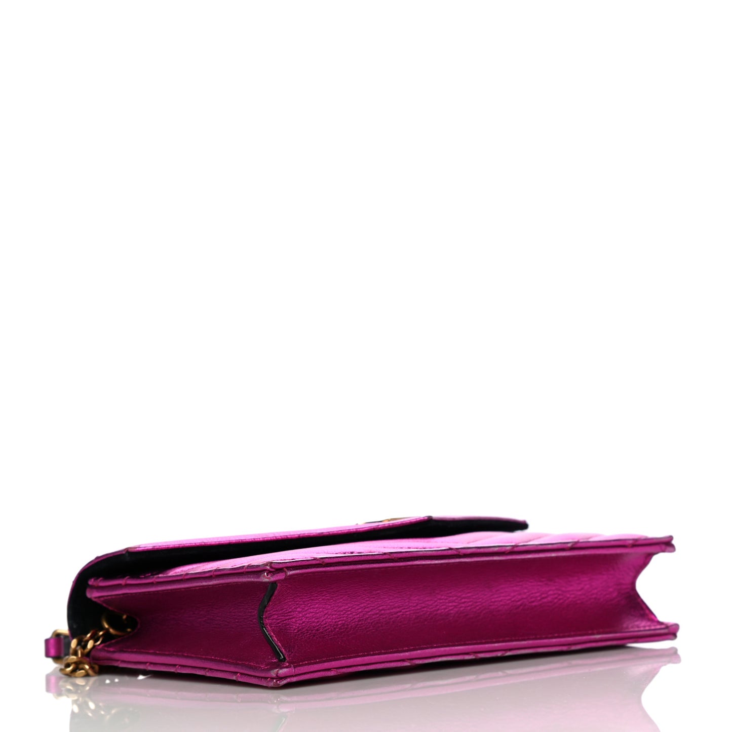 Metallic Calfskin Matelasse Chevron Monogram Envelope Chain Wallet Fuchsia