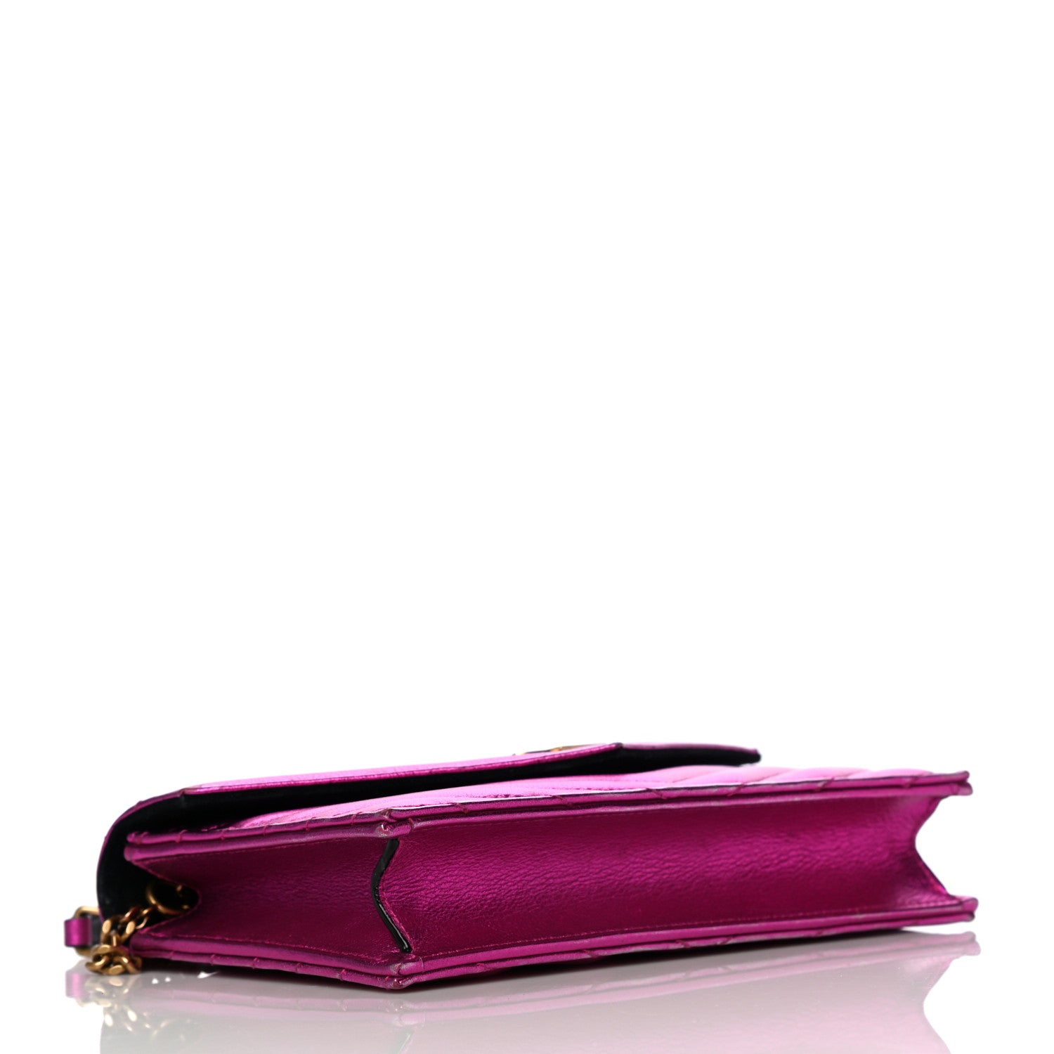 Saint Laurent Metallic Calfskin Matelasse Chevron Monogram Envelope Chain Wallet Fuchsia 4 of 15