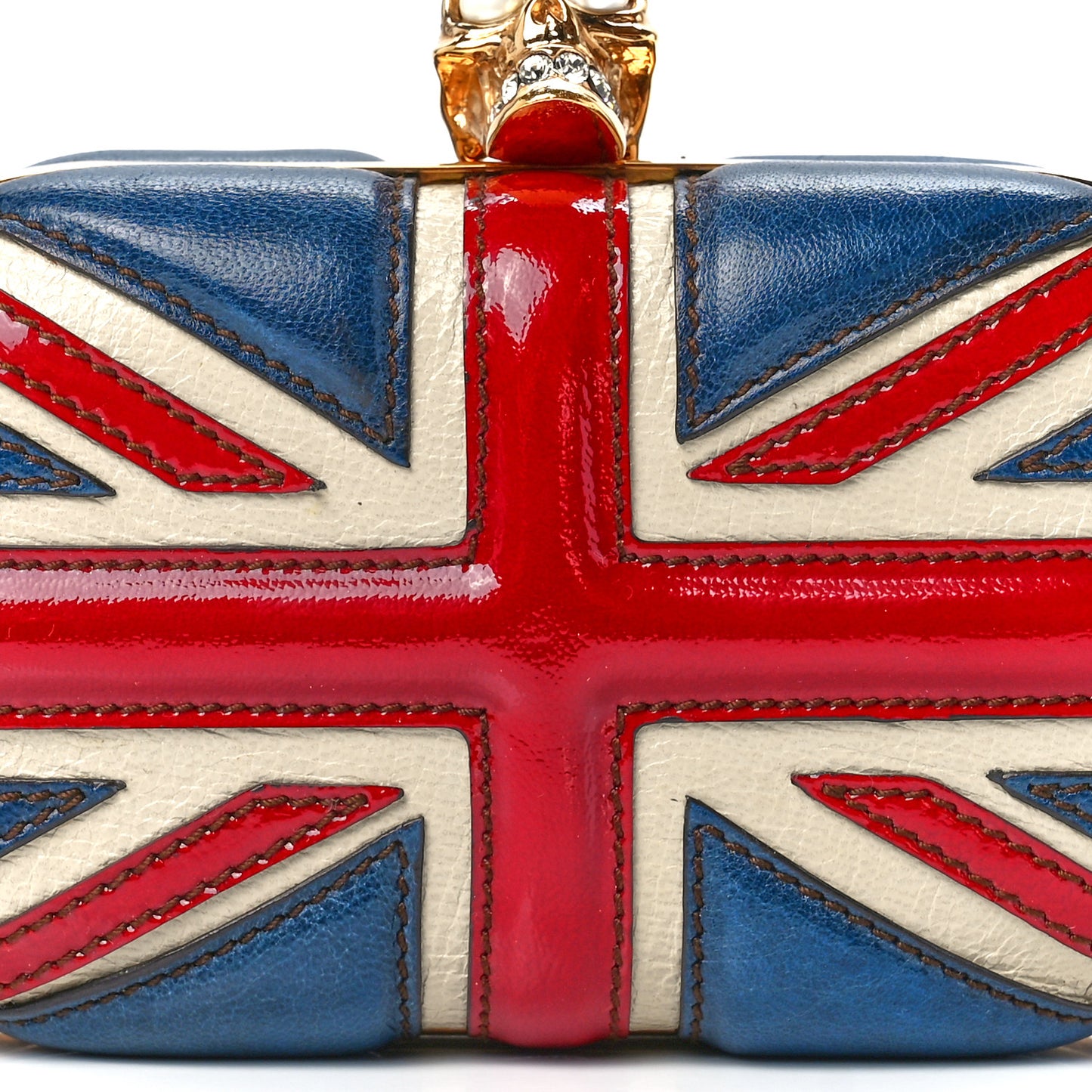 Patent Calfskin Britannia Skull Box Clutch Red Blue