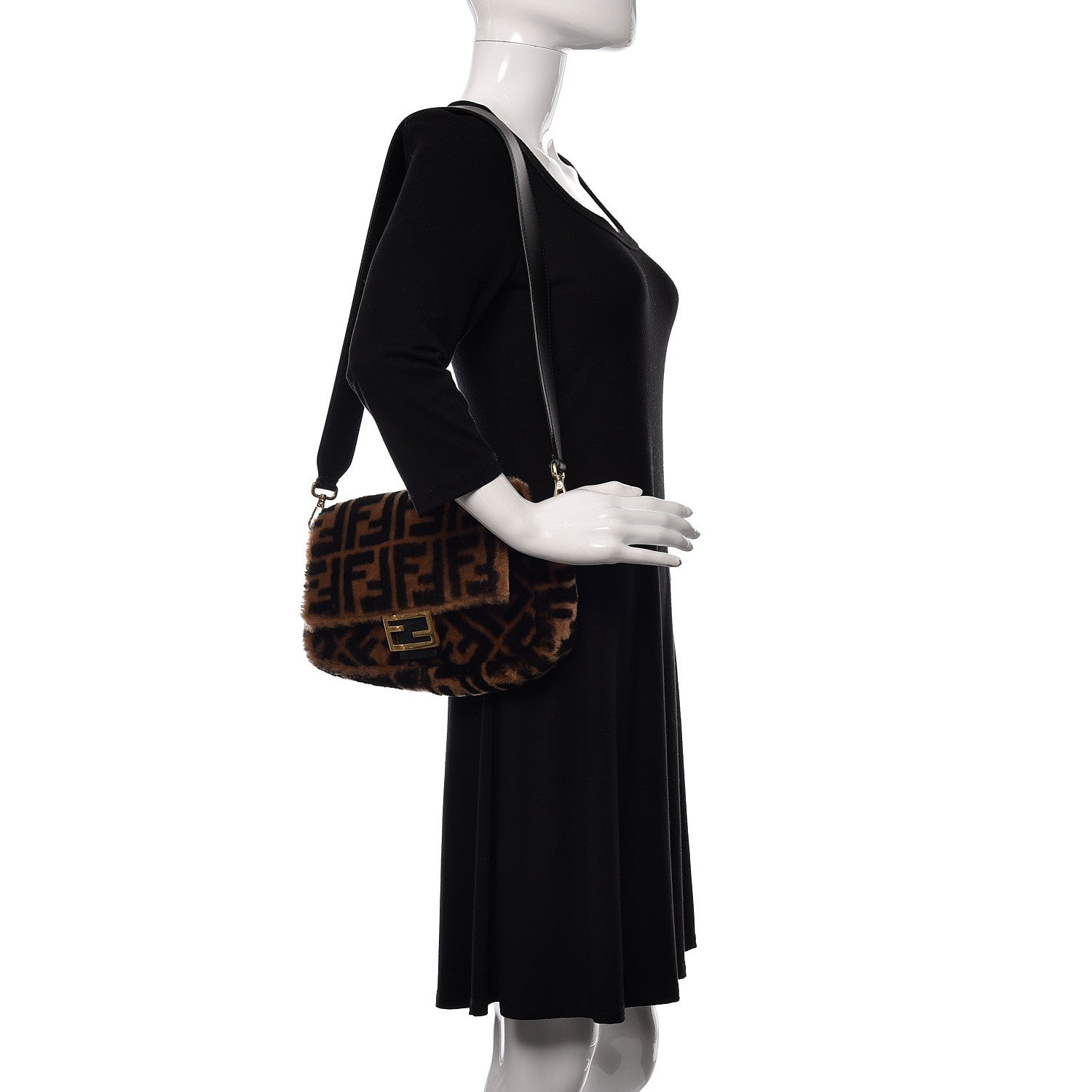 Fendi Shearling Vitello Dolce Macro FF 1974 Baguette Tobacco Black 3 of 11