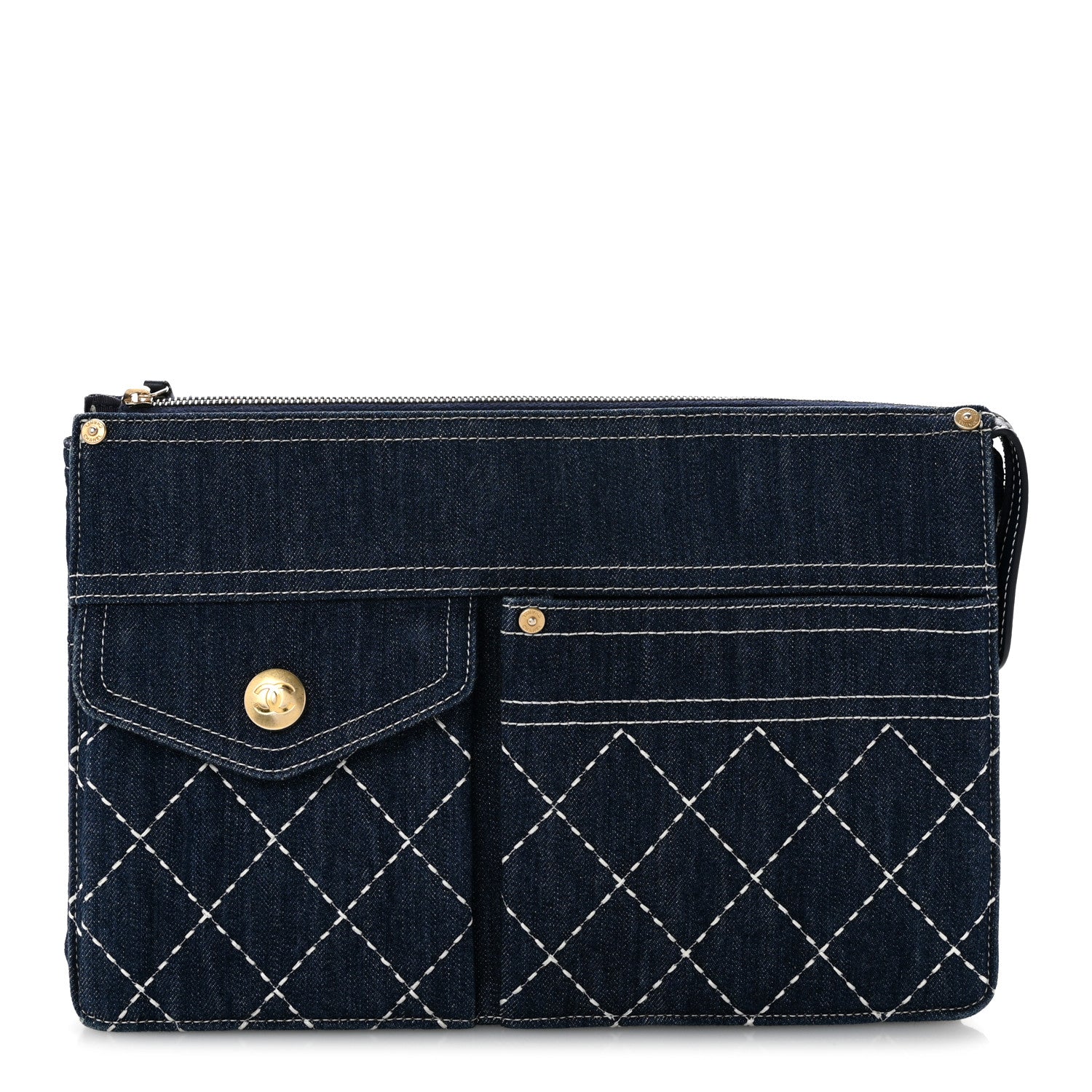 Chanel Denim Quilted Zipped Clutch Blue 1 of 12