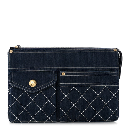 Chanel Denim Quilted Zipped Clutch Blue 1 of 12